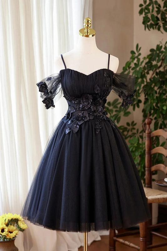 Black Tulle Flowers Short Prom Dress Black A-line Evening Party Dress