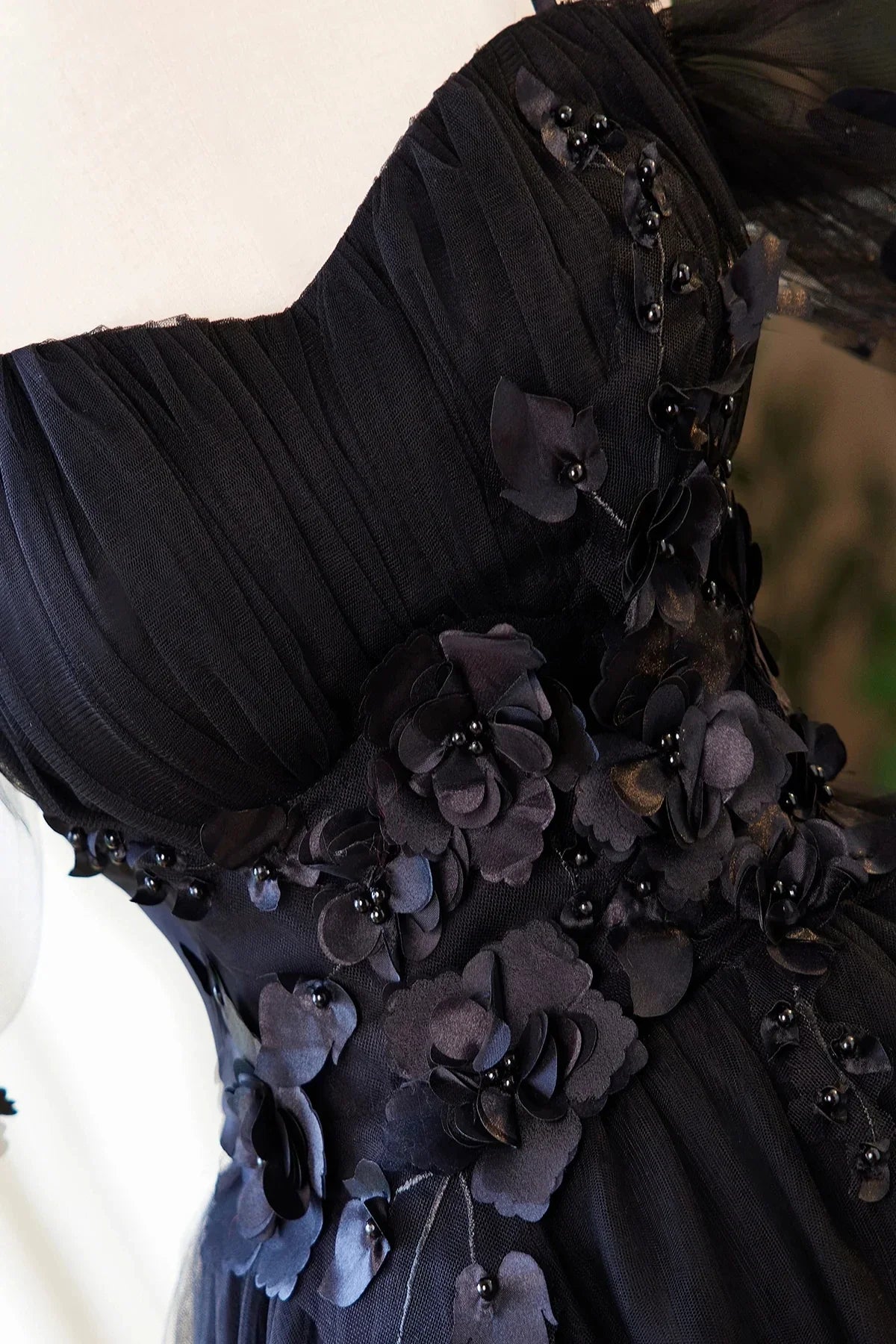 Black Tulle Flowers Short Prom Dress Black A-line Evening Party Dress