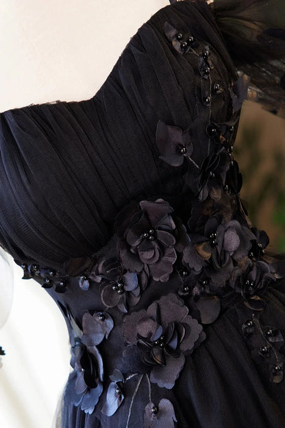 Black Tulle Flowers Short Prom Dress Black A-line Evening Party Dress