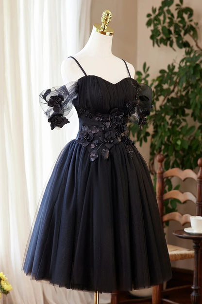 Black Tulle Flowers Short Prom Dress Black A-line Evening Party Dress