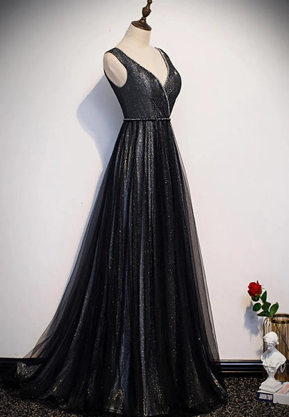 Black V-Neck Tulle Long Prom Dresses A-Line Evening Dresses