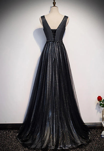 Black V-Neck Tulle Long Prom Dresses A-Line Evening Dresses