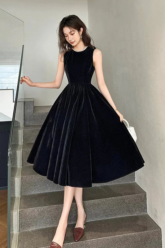Black Velvet Pearl Short Party Dress Lovely A-Line Evening Dress