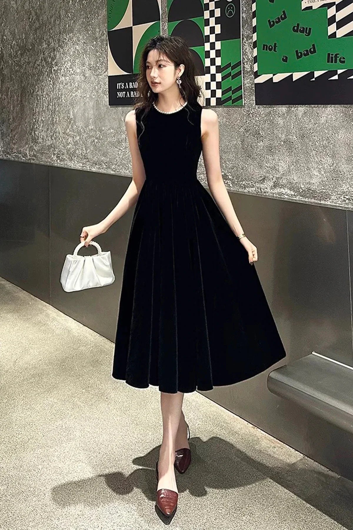 Black Velvet Pearl Short Party Dress Lovely A-Line Evening Dress