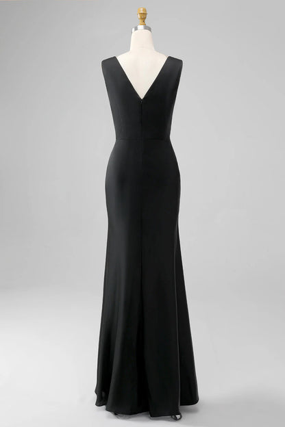 Black sheath V-neck Sleeveless Satin Bridesmaid Dress
