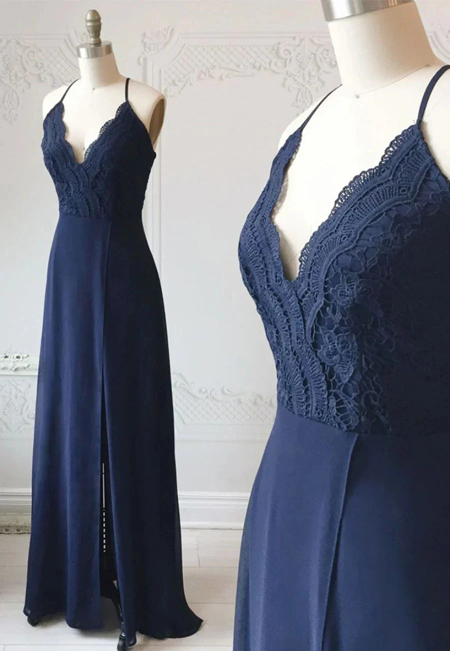 Blue Chiffon Lace Long Prom Dress Blue A-Line Evening Dress