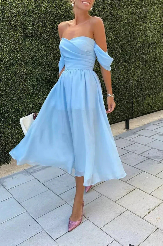 Blue Chiffon Off the Shoulder Short Prom Dress A-Line Blue Homecoming Dress