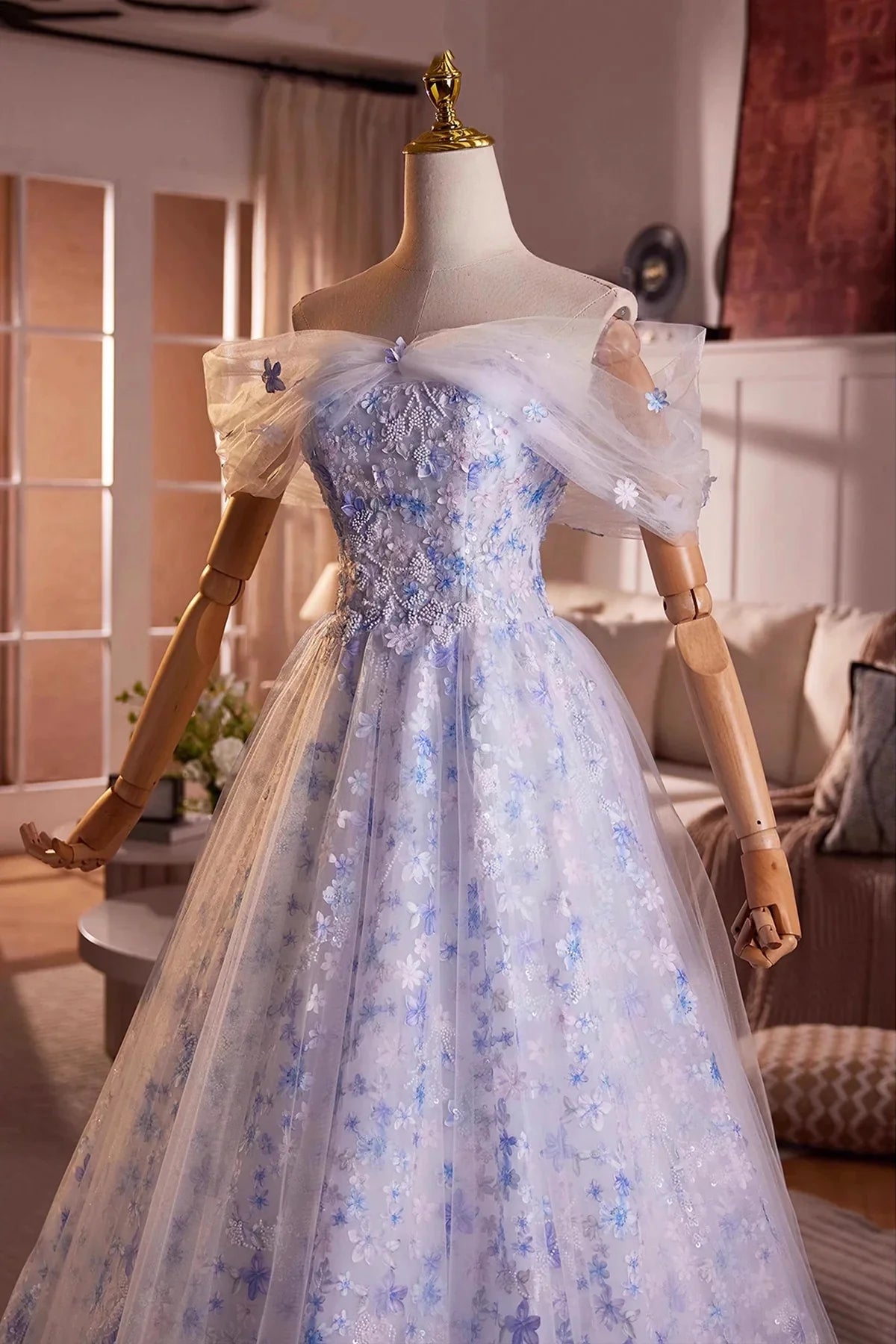 Blue Flower Fairy Tulle Long Prom Dress, Beautiful Off the Shoulder Party Dress