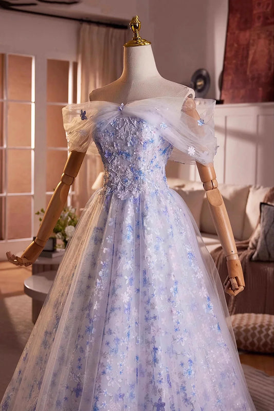 Blue Flower Fairy Tulle Long Prom Dress, Beautiful Off the Shoulder Party Dress