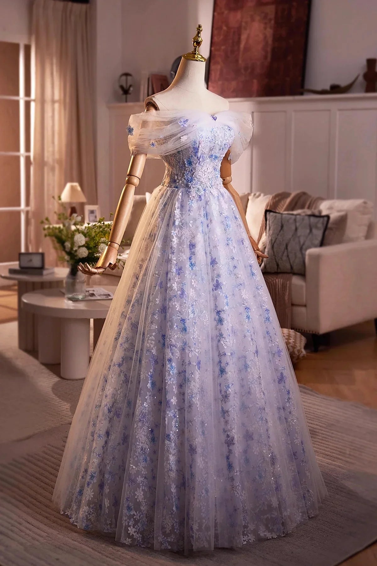Blue Flower Fairy Tulle Long Prom Dress, Beautiful Off the Shoulder Party Dress
