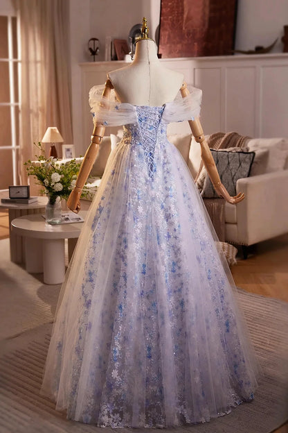 Blue Flower Fairy Tulle Long Prom Dress, Beautiful Off the Shoulder Party Dress