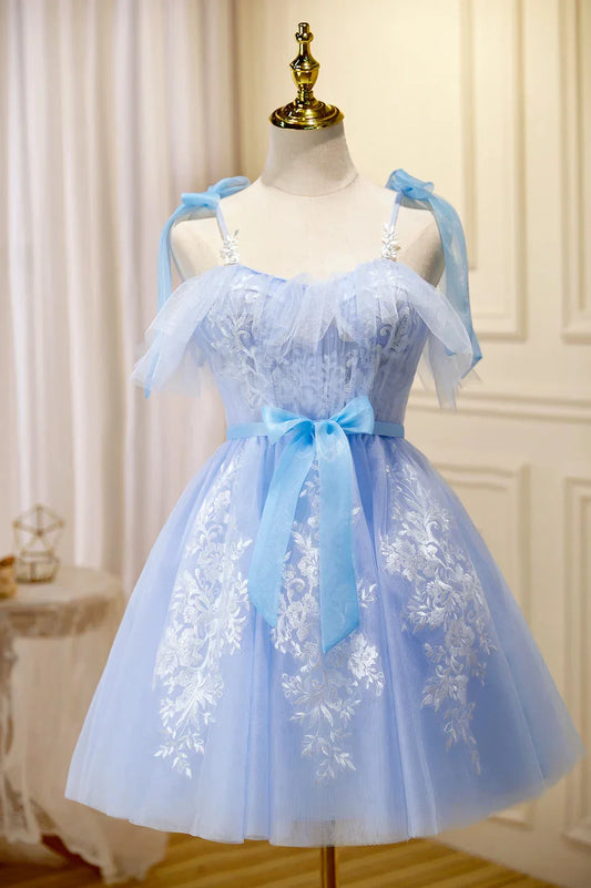 Blue Lace Knee Length Prom Dress Lovely A-Line Homecoming Dress