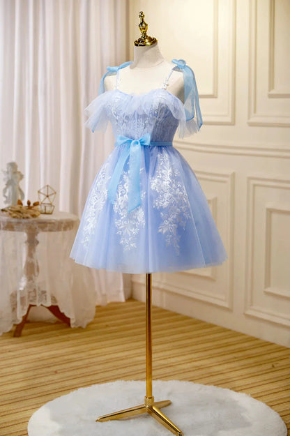 Blue Lace Knee Length Prom Dress Lovely A-Line Homecoming Dress
