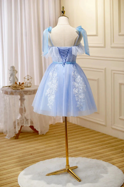 Blue Lace Knee Length Prom Dress Lovely A-Line Homecoming Dress