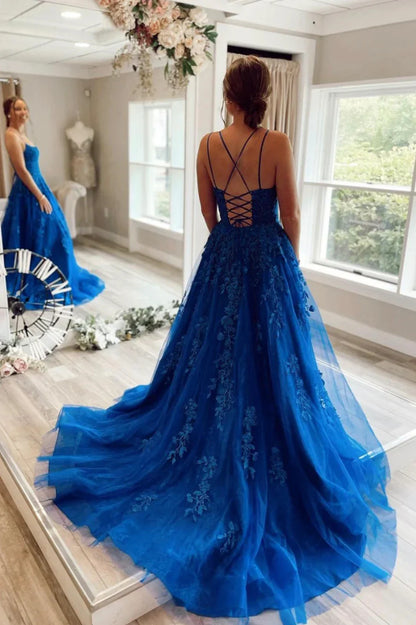 Blue Lace Long Prom Dresses A-Line Backless Evening Party Dress