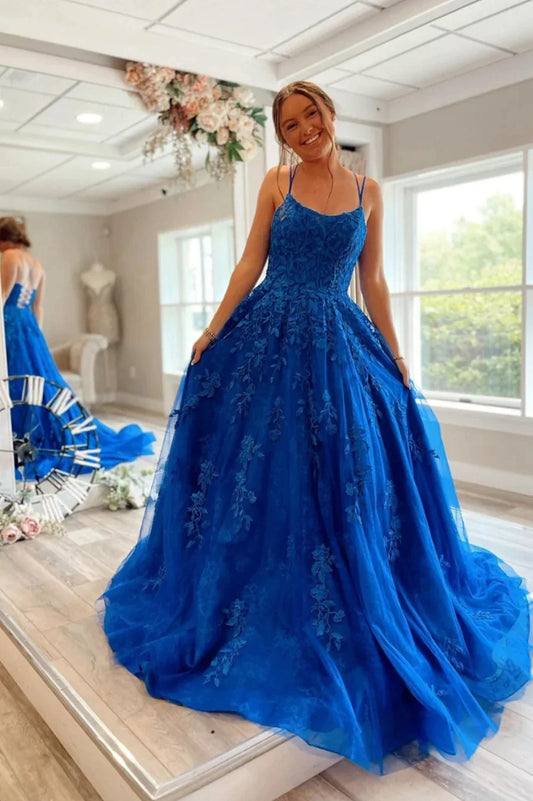 Blue Lace Long Prom Dresses A-Line Backless Evening Party Dress