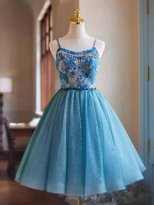 Blue Rhinestone Printing and Tulle Short Homecoming Dress Beautiful Spaghetti Straps Sleeveless Backless Party Dress