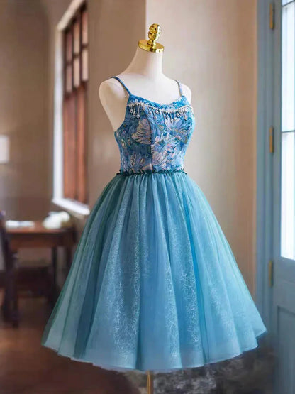 Blue Rhinestone Printing and Tulle Short Homecoming Dress Beautiful Spaghetti Straps Sleeveless Backless Party Dress