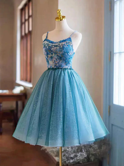 Blue Rhinestone Printing and Tulle Short Homecoming Dress Beautiful Spaghetti Straps Sleeveless Backless Party Dress