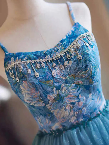 Blue Rhinestone Printing and Tulle Short Homecoming Dress Beautiful Spaghetti Straps Sleeveless Backless Party Dress