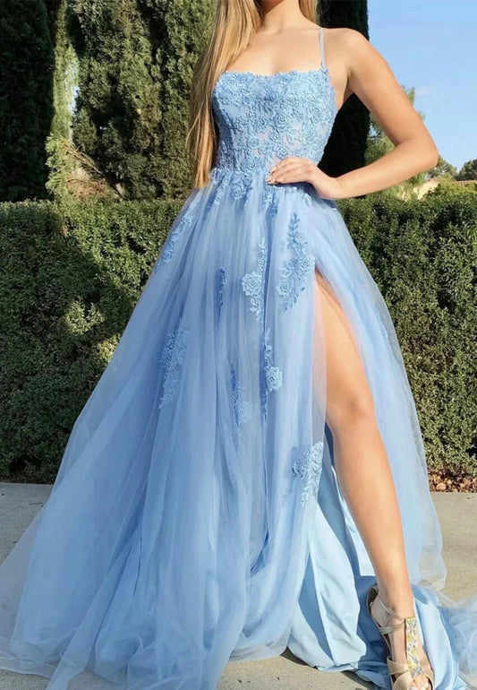 Blue Spaghetti Lace Long Prom Dresses A-Line Evening Dresses