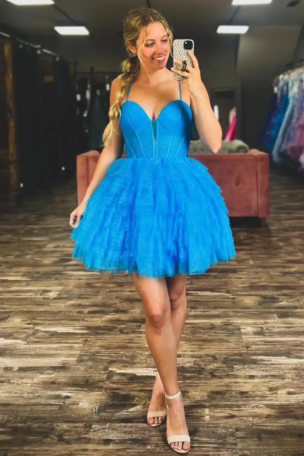 Blue Tiered Homecoming Dress with Corset Bodice