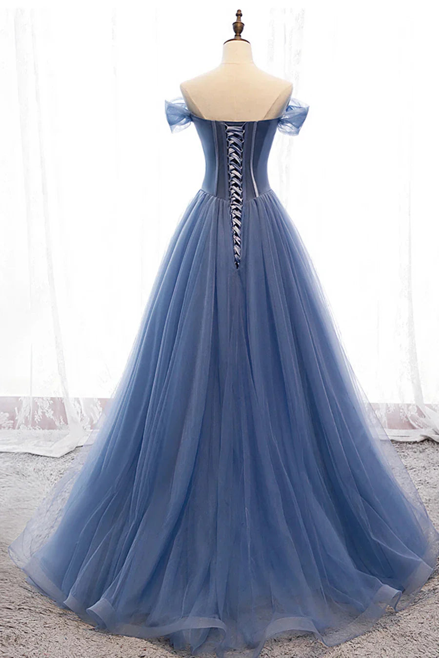 Blue Tulle Beading Long Prom Dresses A-Line Evening Dresses