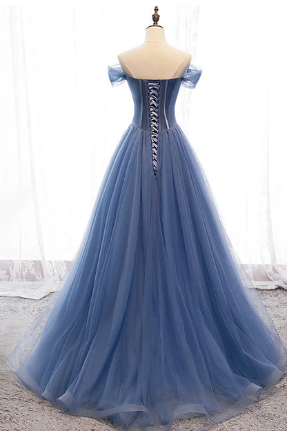 Blue Tulle Beading Long Prom Dresses A-Line Evening Dresses