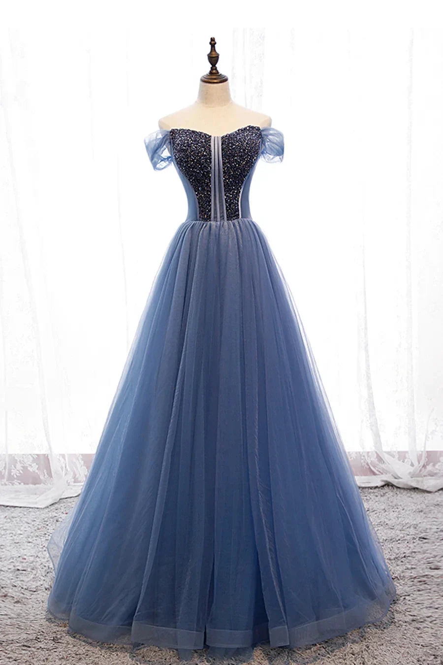 Blue Tulle Beading Long Prom Dresses A-Line Evening Dresses