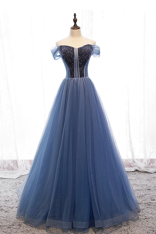 Blue Tulle Beading Long Prom Dresses A-Line Evening Dresses