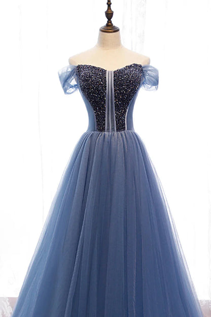 Blue Tulle Beading Long Prom Dresses A-Line Evening Dresses