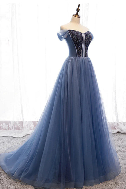 Blue Tulle Beading Long Prom Dresses A-Line Evening Dresses