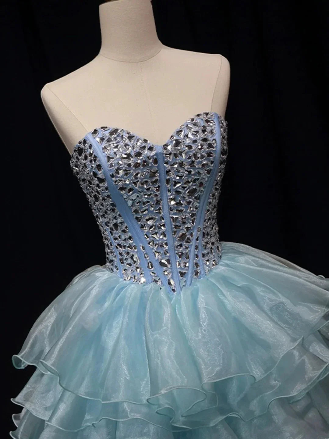 Blue Tulle Crystal Short Party Dress A-Line Strapless Evening Party Dress