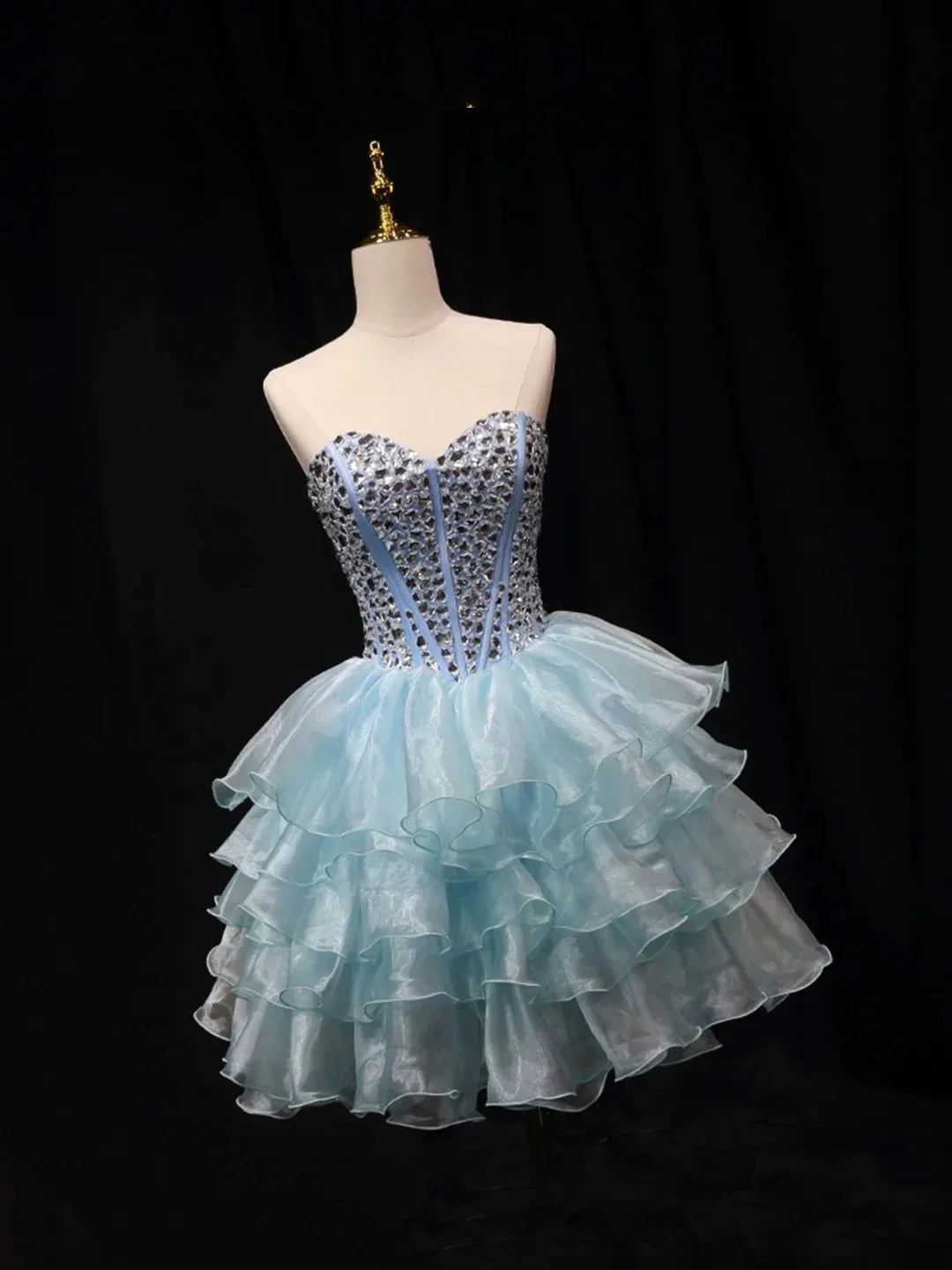 Blue Tulle Crystal Short Party Dress A-Line Strapless Evening Party Dress