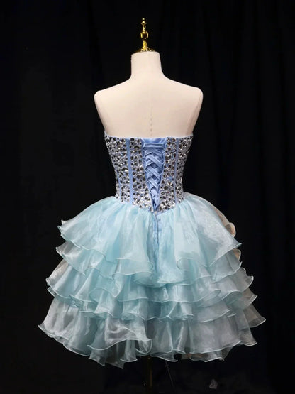 Blue Tulle Crystal Short Party Dress A-Line Strapless Evening Party Dress