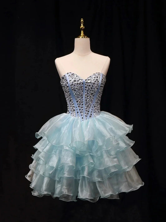 Blue Tulle Crystal Short Party Dress A-Line Strapless Evening Party Dress