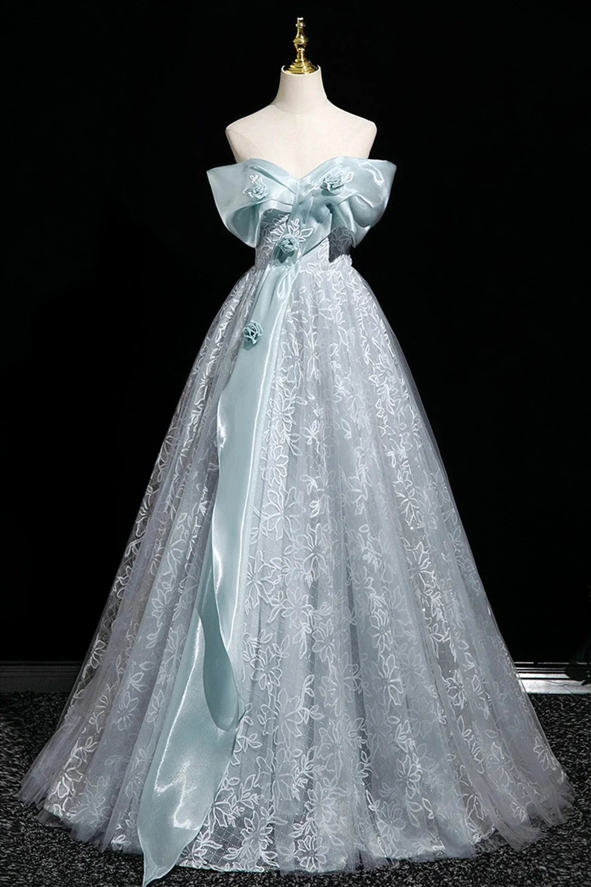 Blue Tulle Lace Long Prom Dress Blue Off the Shoulder Evening Party Dress