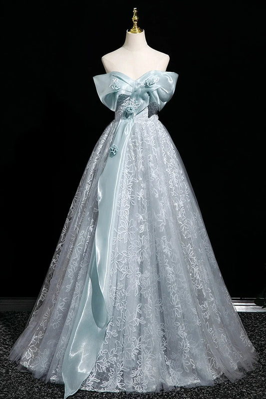 Blue Tulle Lace Long Prom Dress Blue Off the Shoulder Evening Party Dress