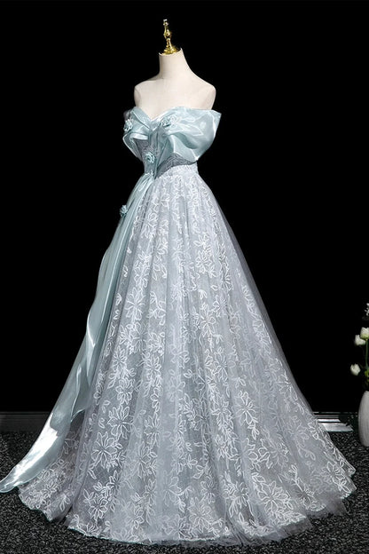 Blue Tulle Lace Long Prom Dress Blue Off the Shoulder Evening Party Dress