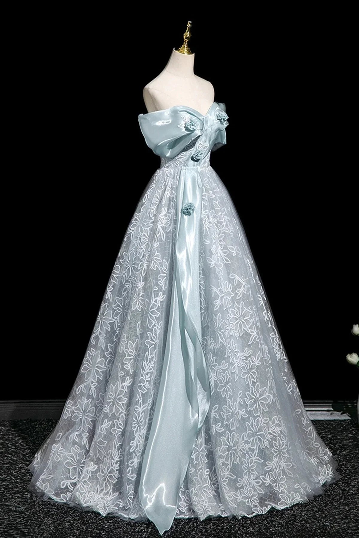 Blue Tulle Lace Long Prom Dress Blue Off the Shoulder Evening Party Dress