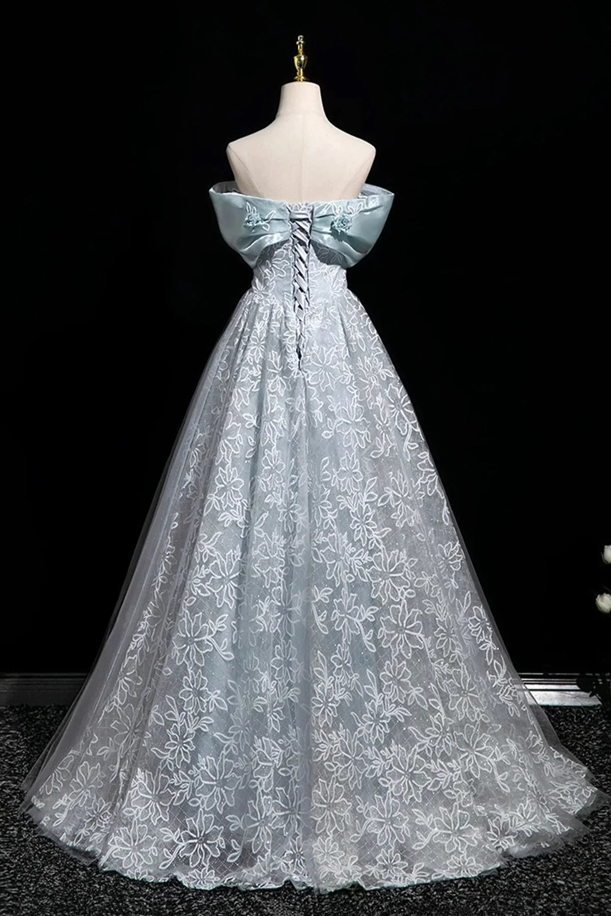 Blue Tulle Lace Long Prom Dress Blue Off the Shoulder Evening Party Dress