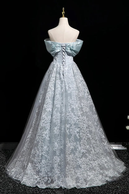 Blue Tulle Lace Long Prom Dress Blue Off the Shoulder Evening Party Dress