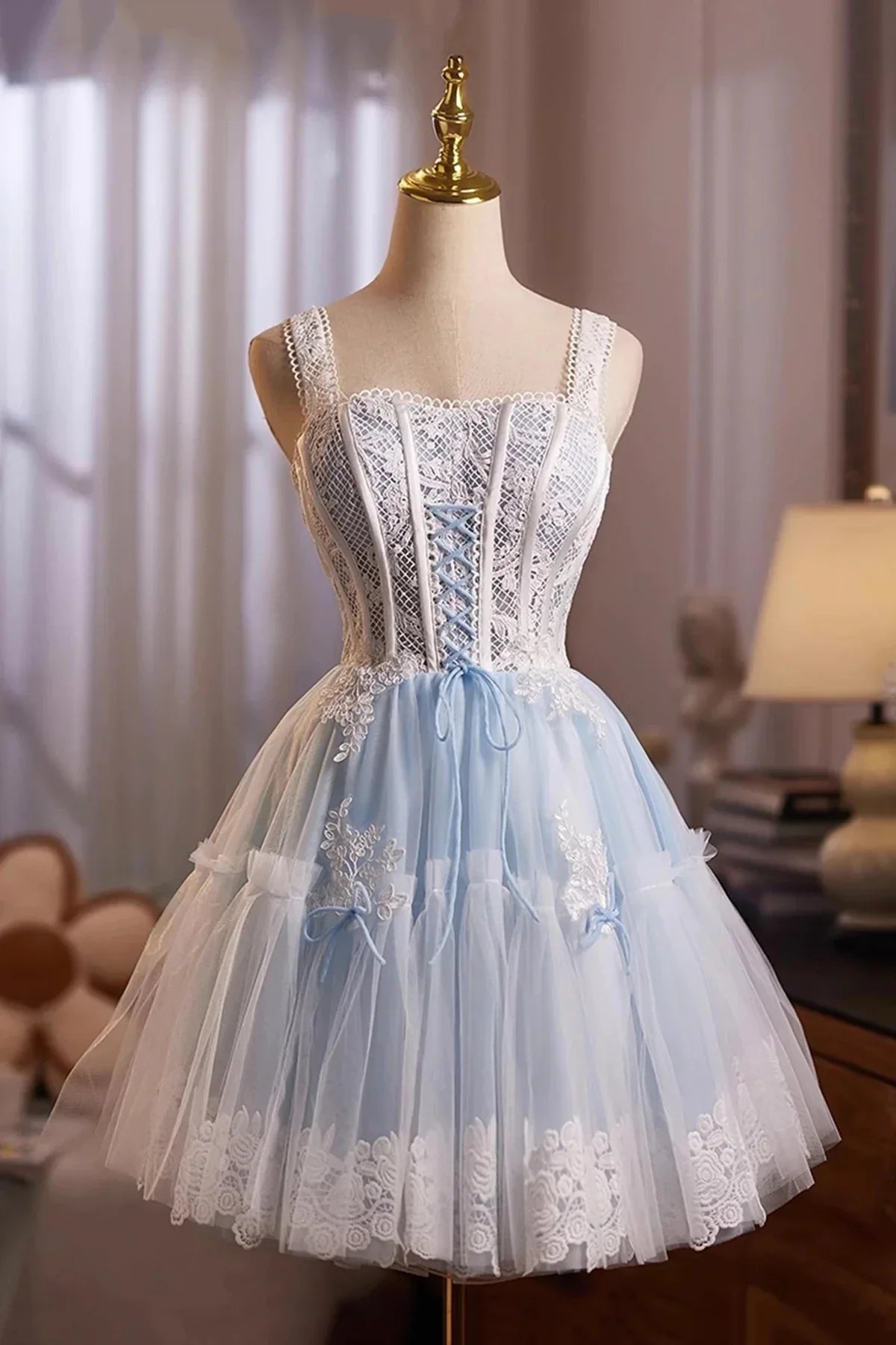 Blue Tulle Lace Short Prom Dress Lovely A-Line Homecoming Party Dress