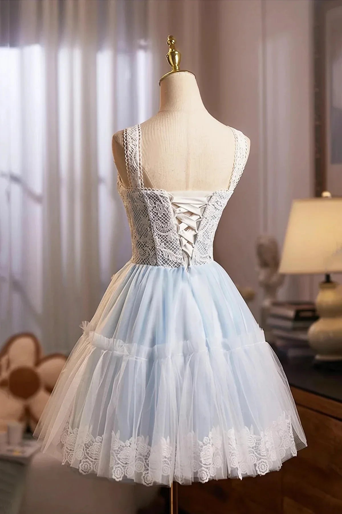 Blue Tulle Lace Short Prom Dress Lovely A-Line Homecoming Party Dress