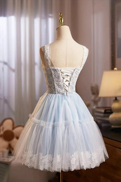 Blue Tulle Lace Short Prom Dress Lovely A-Line Homecoming Party Dress