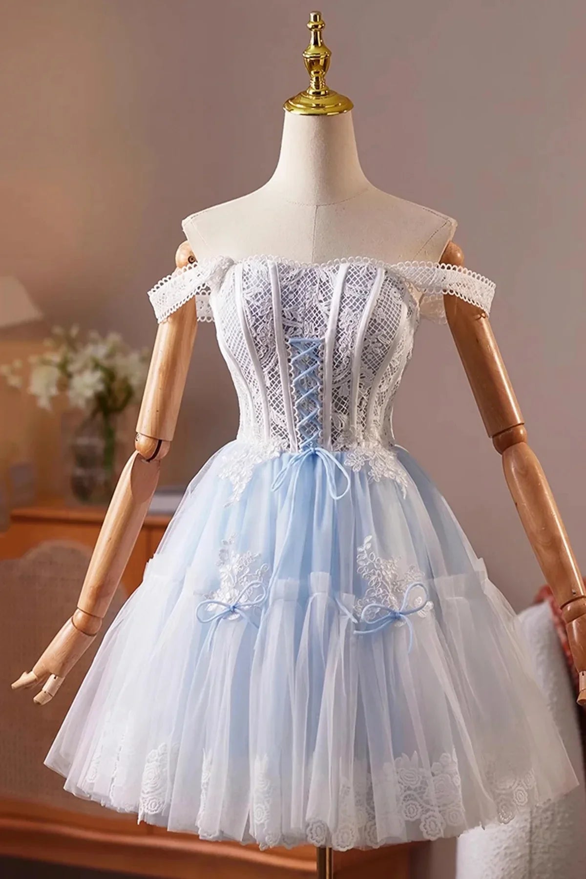 Blue Tulle Lace Short Prom Dress Lovely A-Line Homecoming Party Dress