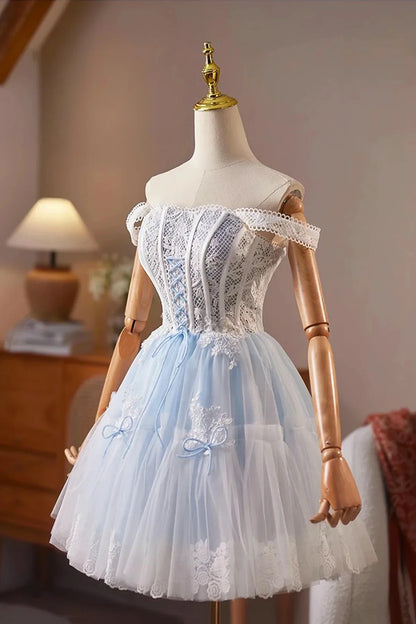 Blue Tulle Lace Short Prom Dress Lovely A-Line Homecoming Party Dress