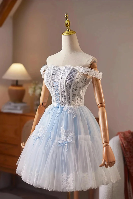 Blue Tulle Lace Short Prom Dress Lovely A-Line Homecoming Party Dress