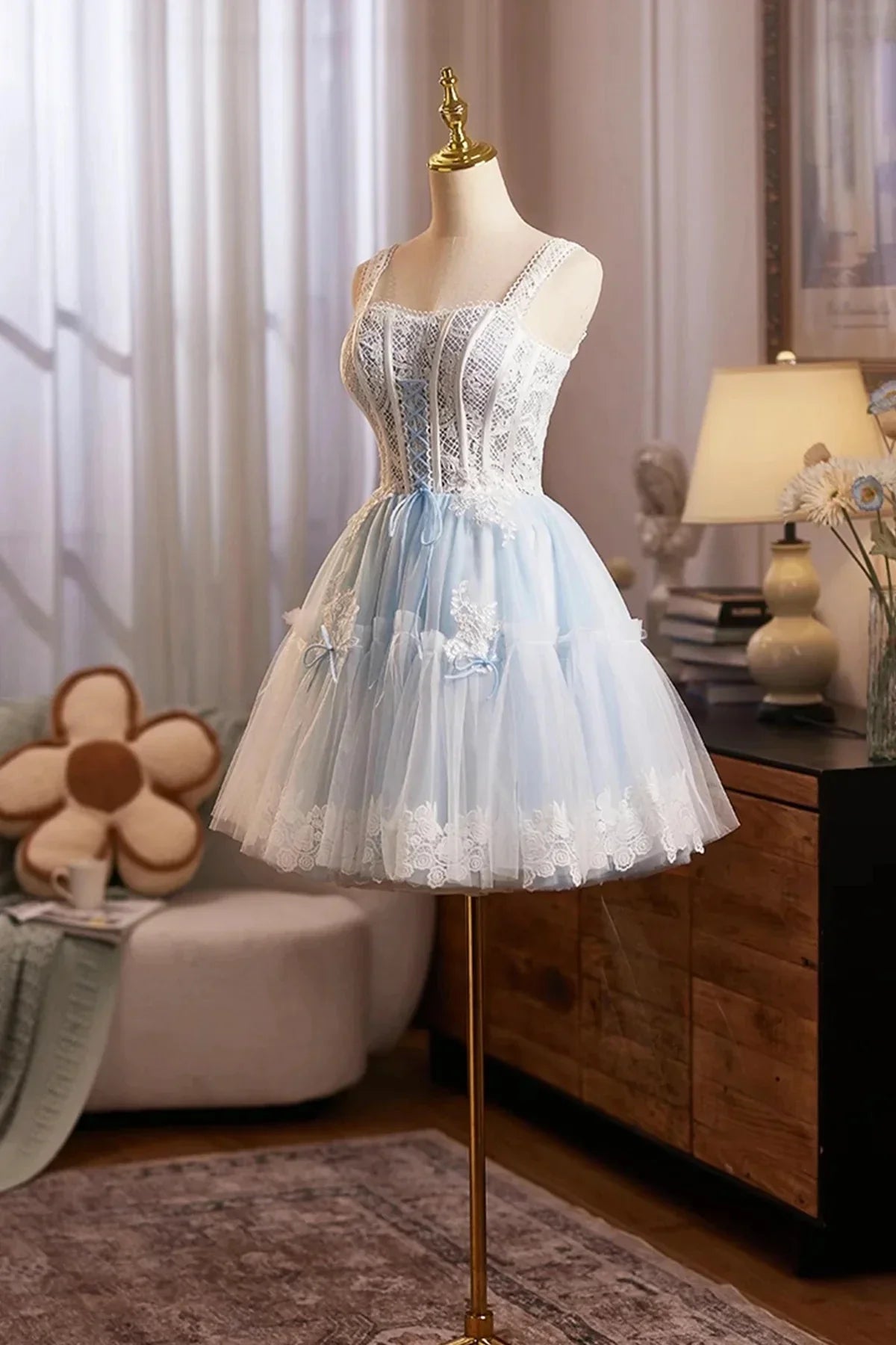 Blue Tulle Lace Short Prom Dress Lovely A-Line Homecoming Party Dress