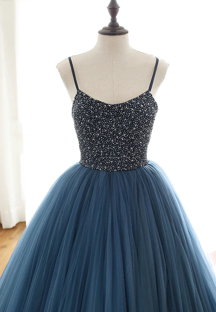 Blue Tulle Long Prom Dresses A-Line Evening Dresses with Beading